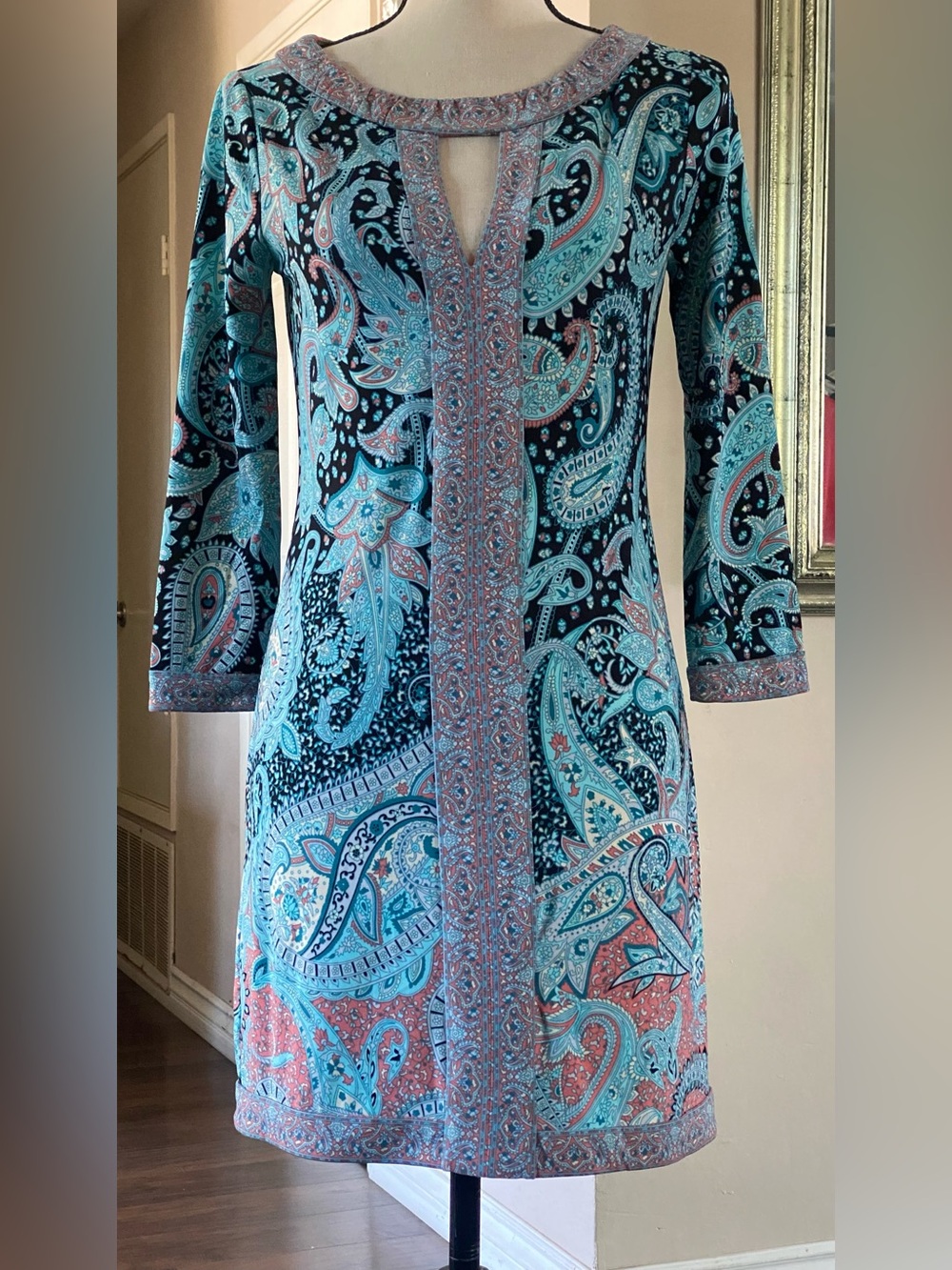 BCBGMaxAzria Teal, Navy & Coral Paisley Long Sleeve Dress size xxs